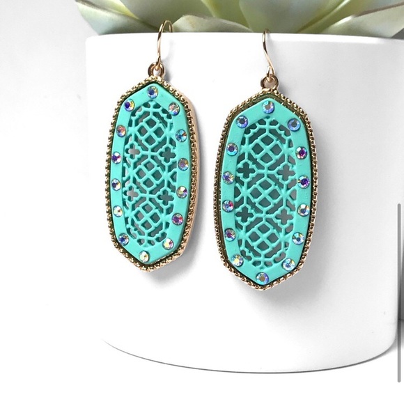 Aqua filigree dangle women’s rhinestone detail pretty fall earrings - Picture 3 of 4
